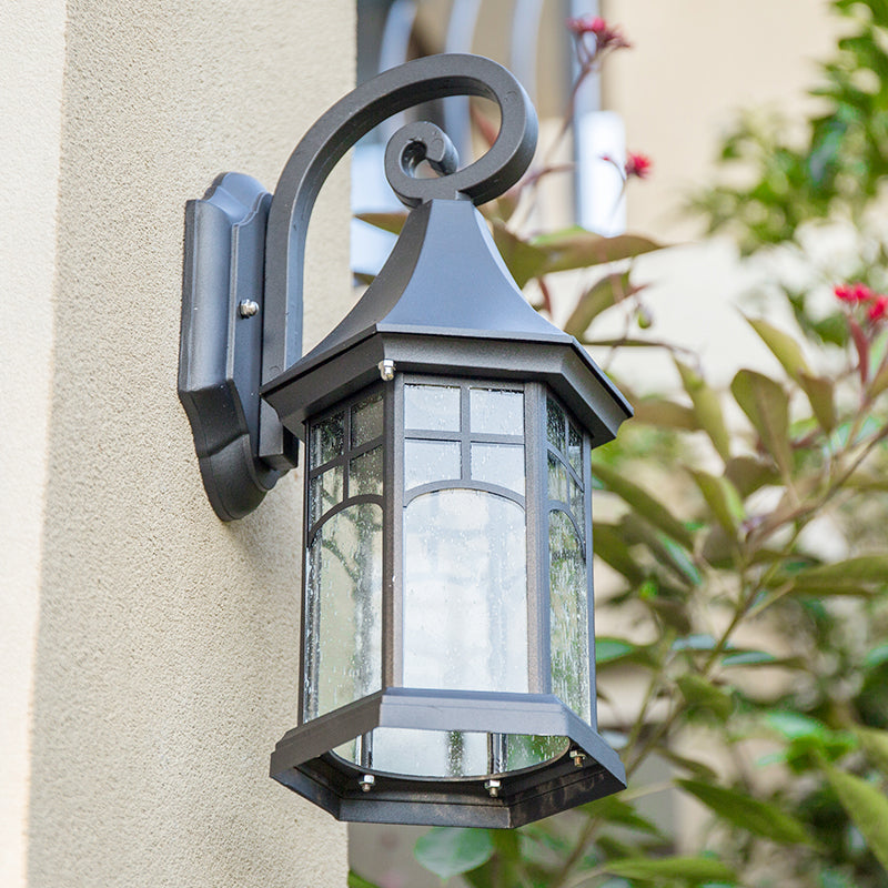 Rustic Seedy Glass Black Sconce Lantern: 1-Light Wall Lamp For Porch Garden