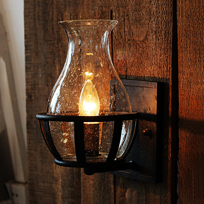 Industrial Black Wall Sconce Lighting With Seeded Glass Bottle Shade - Perfect For Living Room