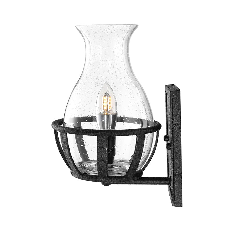 Industrial Black Wall Sconce Lighting With Seeded Glass Bottle Shade - Perfect For Living Room