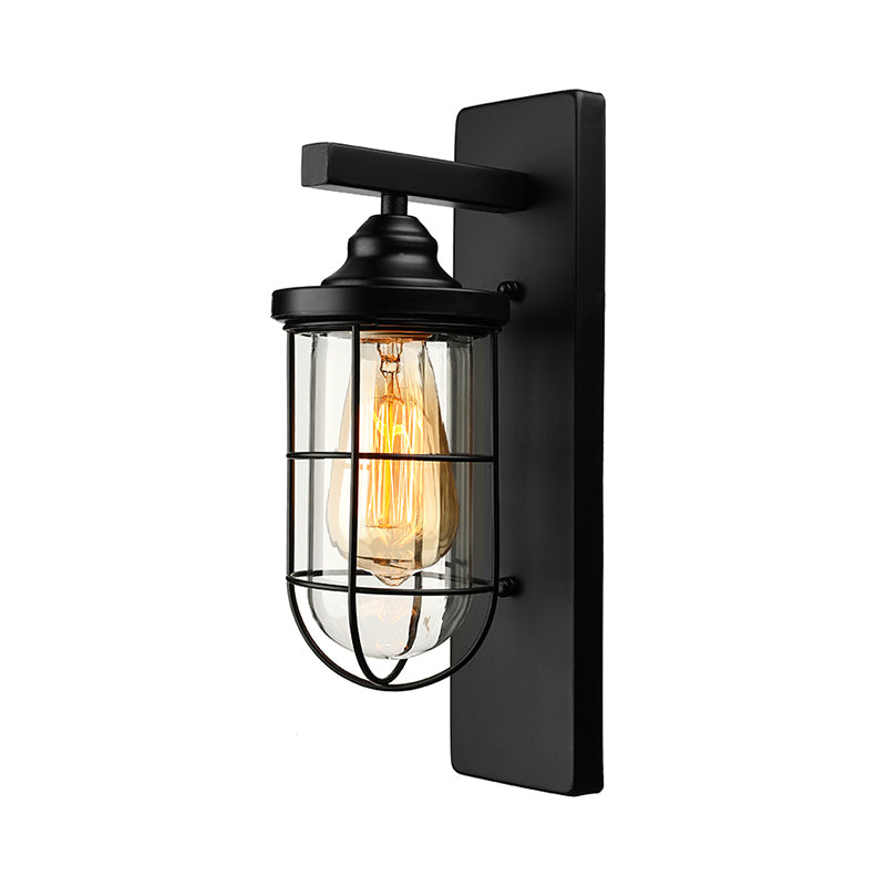 Industrial Black Clear Glass Wall Mounted Light Fixture With Cage - 1 Bulb