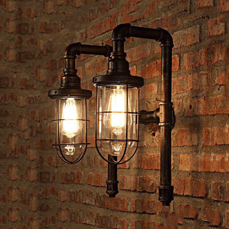 Nautical Wire Frame Sconce Light With Clear Glass Shade And Valve - 2 Bulb Iron Wall Lighting In