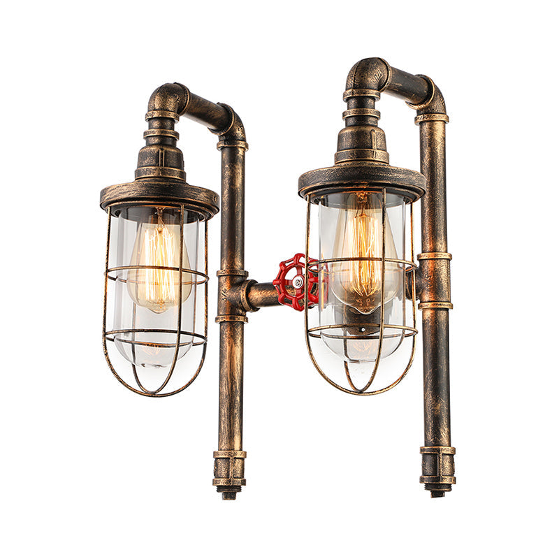 Nautical Wire Frame Sconce Light With Clear Glass Shade And Valve - 2 Bulb Iron Wall Lighting In