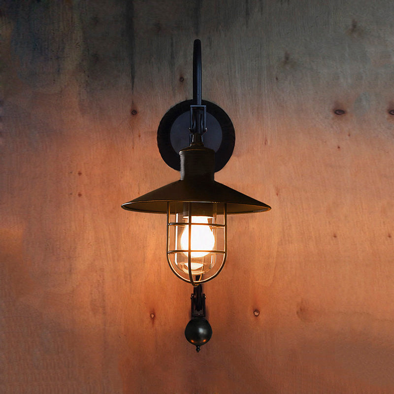 Industrial Sconce Light With Adjustable Pulley - Black Finish Clear Glass And Caged Design