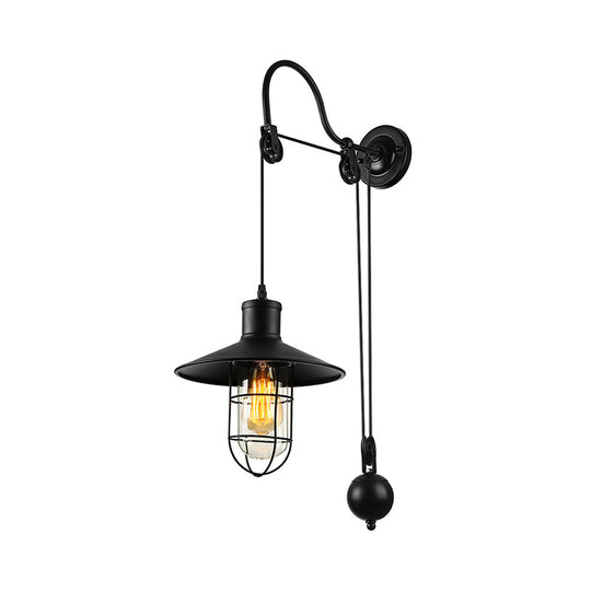 Industrial Sconce Light With Adjustable Pulley - Black Finish Clear Glass And Caged Design