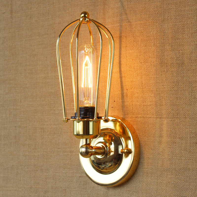 Vintage-Style Mini Wall Sconce With Cage Shade And Rustic Brass Finish For Living Room