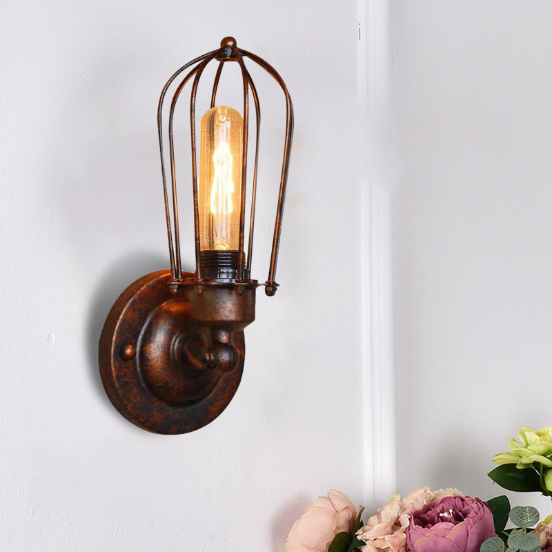 Vintage-Style Mini Wall Sconce With Cage Shade And Rustic Brass Finish For Living Room Rust