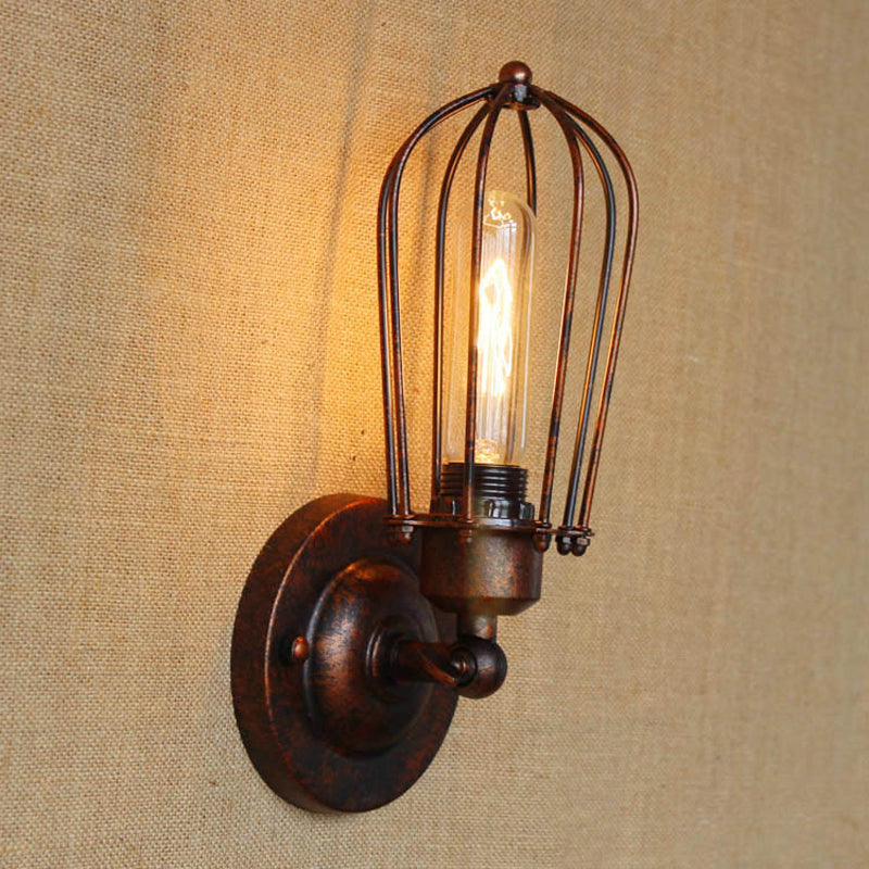 Vintage-Style Mini Wall Sconce With Cage Shade And Rustic Brass Finish For Living Room