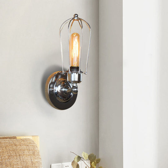 Vintage-Style Mini Wall Sconce With Cage Shade And Rustic Brass Finish For Living Room Chrome