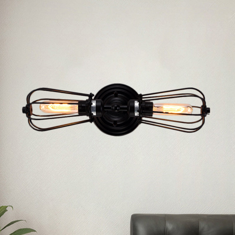 Antique Style Black/Bronze Caged Sconce Light - 2-Light Wrought Iron Mini Wall Lamp For Dining Room