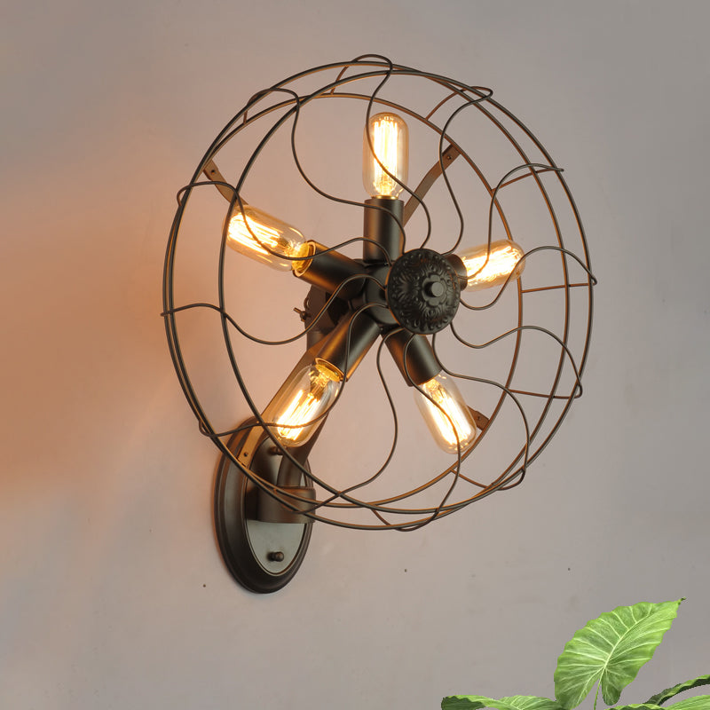 Industrial Black Wire Frame Wall Sconce With Fan Design - 5 Lights Metal Corridor Mount
Or
Black