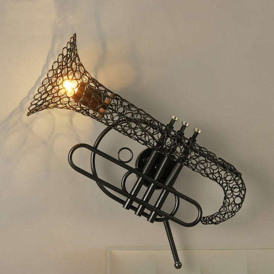 Vintage Black/Brass Iron Wall Sconce Lighting: 1-Light Saxophone Mount Lamp For Bedroom Brass