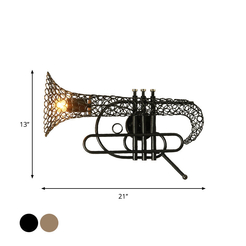 Vintage Black/Brass Iron Wall Sconce Lighting: 1-Light Saxophone Mount Lamp For Bedroom