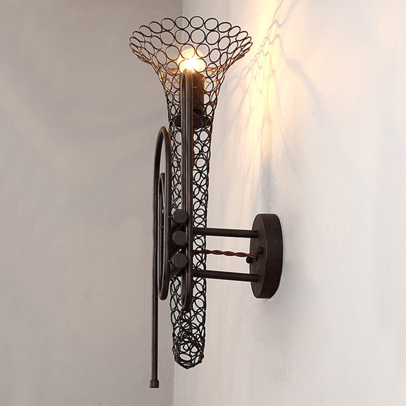 Vintage Black/Brass Iron Wall Sconce Lighting: 1-Light Saxophone Mount Lamp For Bedroom Black