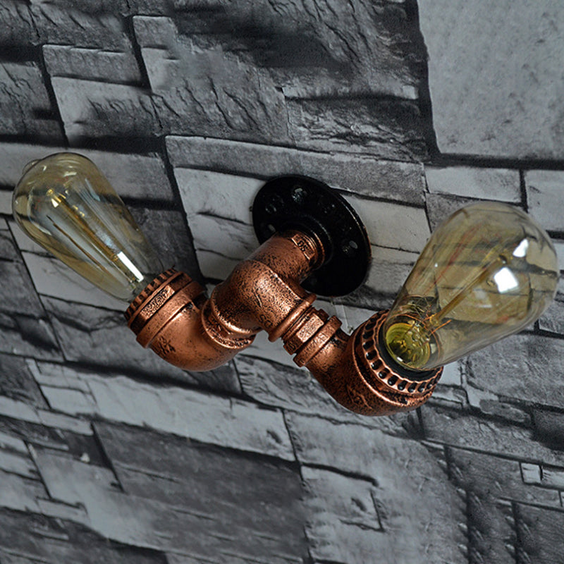 Rustic Copper Finish Wall Sconce With Water Pipe Design - 2 Bulbs Stylish Metal Mount Light For