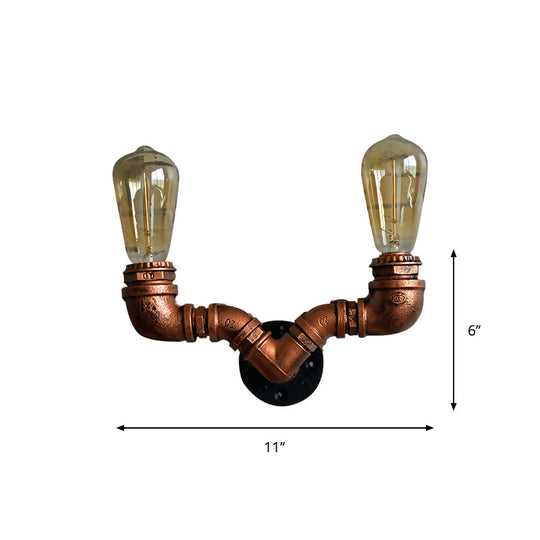 Rustic Copper Finish Wall Sconce With Water Pipe Design - 2 Bulbs Stylish Metal Mount Light For