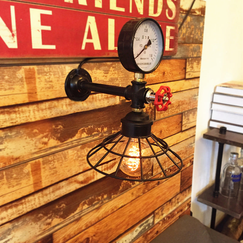 Industrial Metal Wall Sconce With Cone Cage And Pressure Gauge - Black Coffee Shop Light