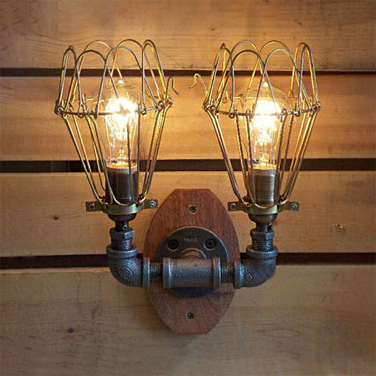 U-Shaped Metallic Sconce Light With Wire Guard And Pipe 2-Light Brass Warehouse Wall Lamp