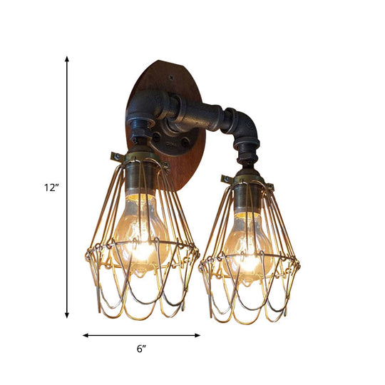 U-Shaped Metallic Sconce Light With Wire Guard And Pipe 2-Light Brass Warehouse Wall Lamp
