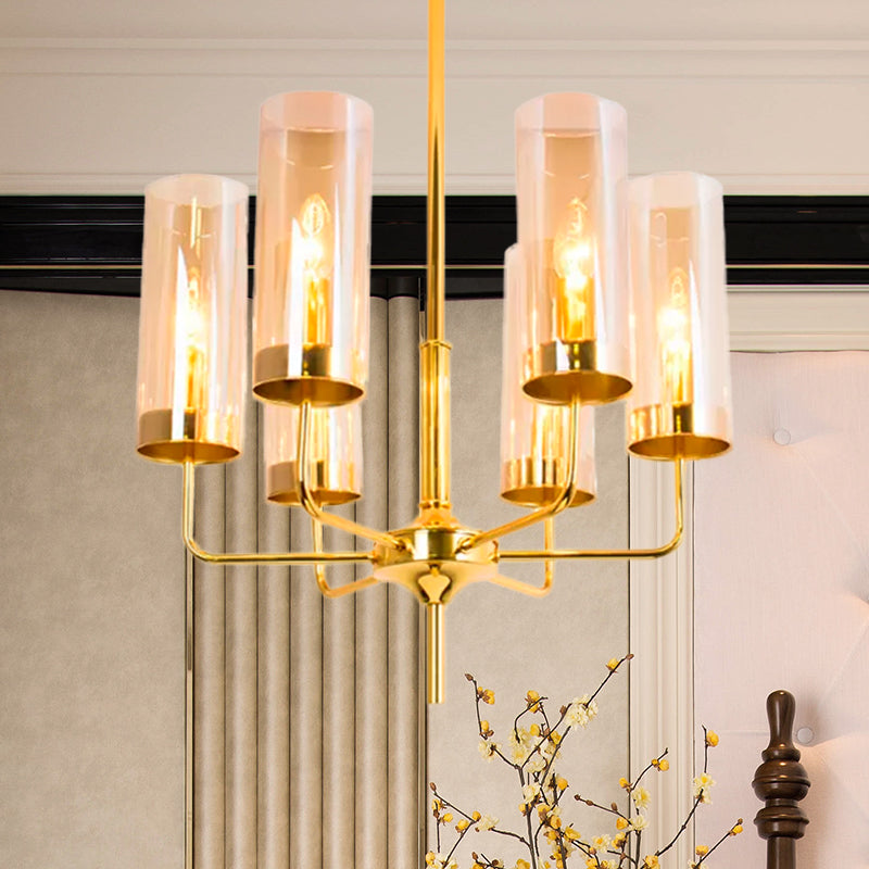 Blue/Amber Glass Cylinder Chandelier - 6/10 Lights In Gold For Modern Living Room
