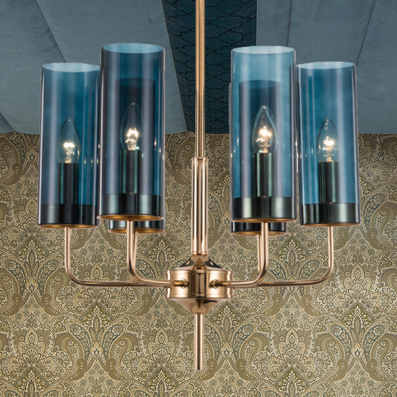 Blue/Amber Glass Cylinder Chandelier - 6/10 Lights In Gold For Modern Living Room 6 / Blue