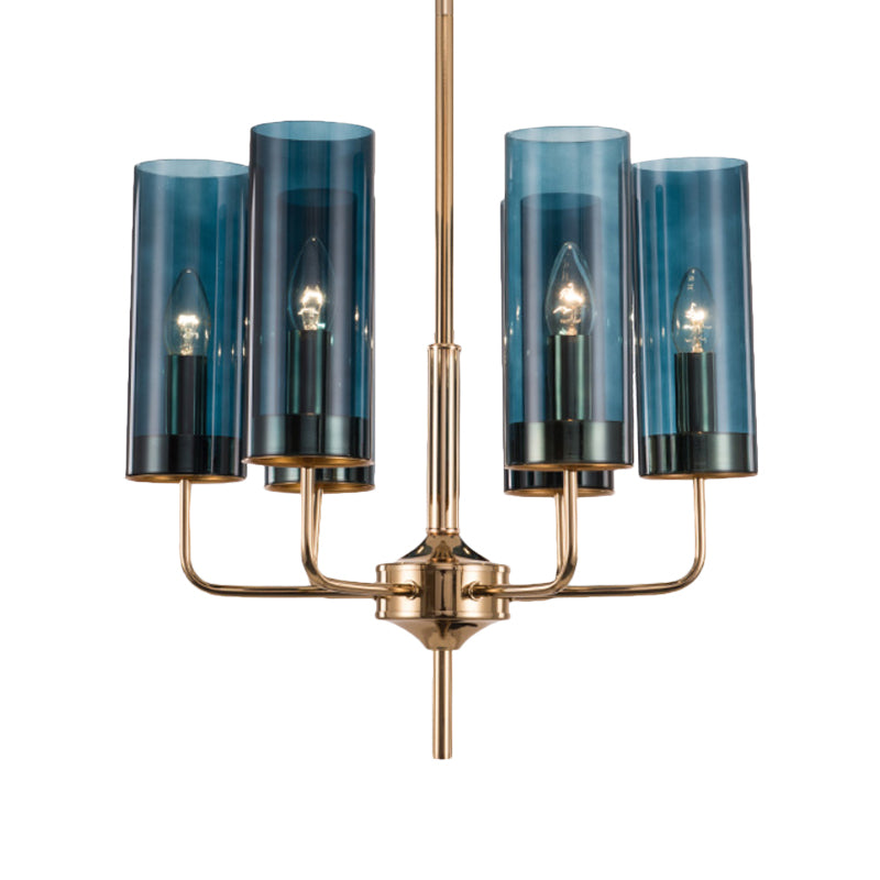 Blue/Amber Glass Cylinder Chandelier - 6/10 Lights In Gold For Modern Living Room