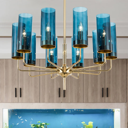 Blue/Amber Glass Cylinder Chandelier - 6/10 Lights In Gold For Modern Living Room 10 / Blue