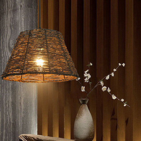 Asian Style Conic Rattan Pendant Light With 1 Bulb - Beige/Brown Restaurant Ceiling Lighting