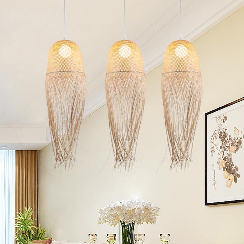 Modern Hand-Knitted Pendant Light With Tassel Design - Bamboo Beige Ideal For Dining Room