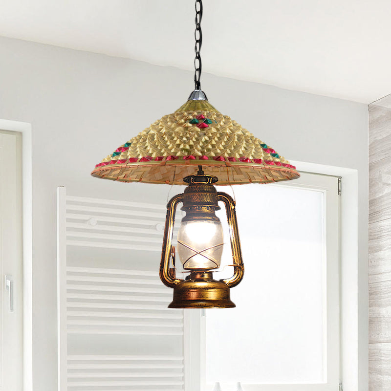 Rattan 1-Head Pendant Light with Lantern Shade | South-East Asia Hat Shaped | Indoor Hanging Lamp | Beige | 15"/16.5" Width