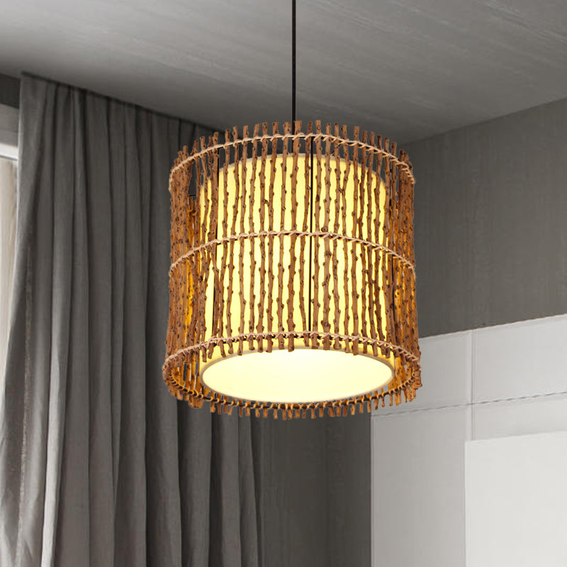 Hand-Woven Rattan Cylinder Drop Pendant - Chinese 1 Light Beige Ceiling For Restaurants & Bedrooms