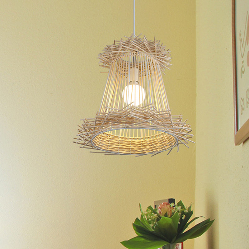 Japanese Rattan Cone Shade Pendant Lamp - Wood Hanging Light for Dining Room