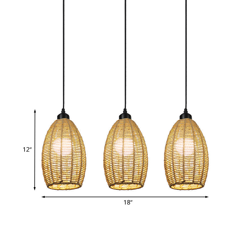 Asian Style 1/3-Light Pendant Light With Oval Rattan Shade Beige Ceiling Lamp