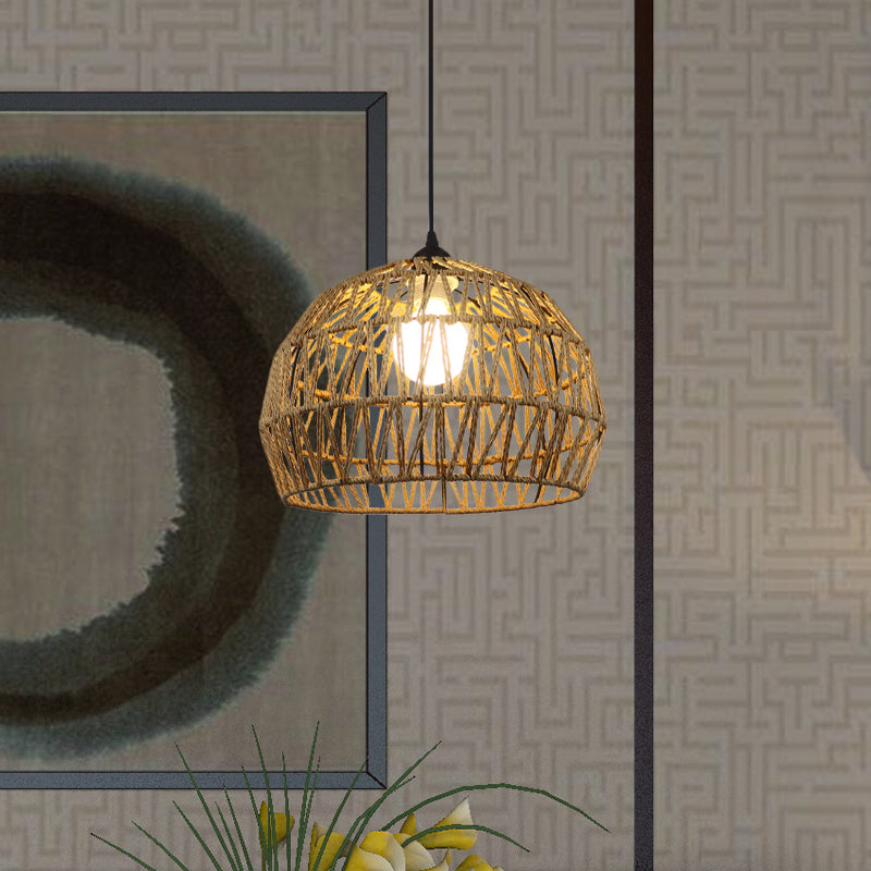 Corridor Hanging Light Fixture With Rattan Shade - Chic Black/Beige Suspended Lamp