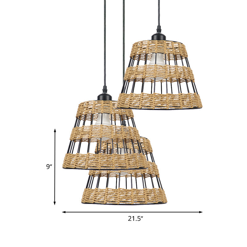 1/3-Head Asian Style Cone Hanging Pendant Lamp Metal And Rattan In Beige - For Restaurants
