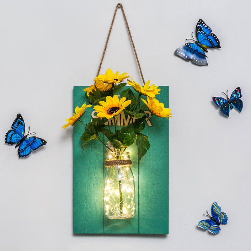 Blue Wood Backplate Modern Glass Jar Wall Light With Floral String - Ideal For Cafe Restaurant