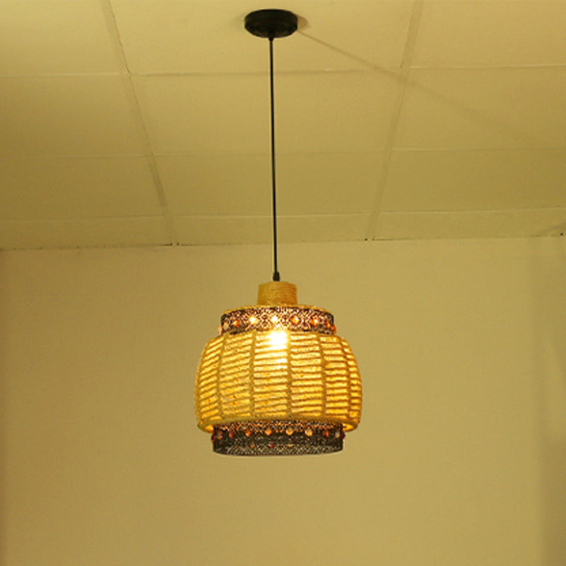Rustic Beige Hand Woven Pendant Light With Jewels Accent - Countryside Rope And Metal Hanging Lamp