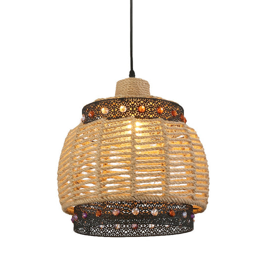 Rustic Beige Hand Woven Pendant Light With Jewels Accent - Countryside Rope And Metal Hanging Lamp