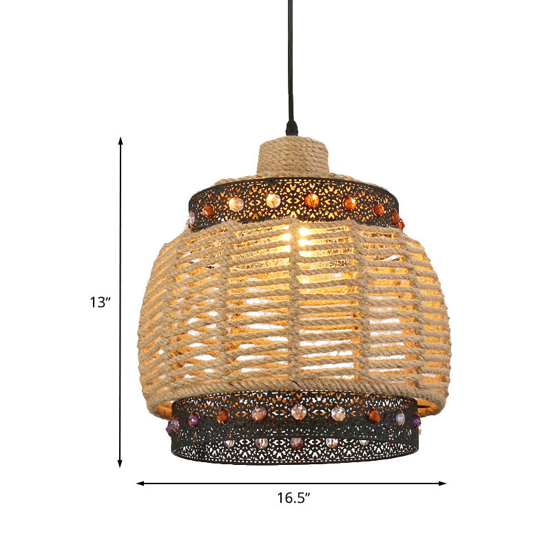 Rustic Beige Hand Woven Pendant Light With Jewels Accent - Countryside Rope And Metal Hanging Lamp