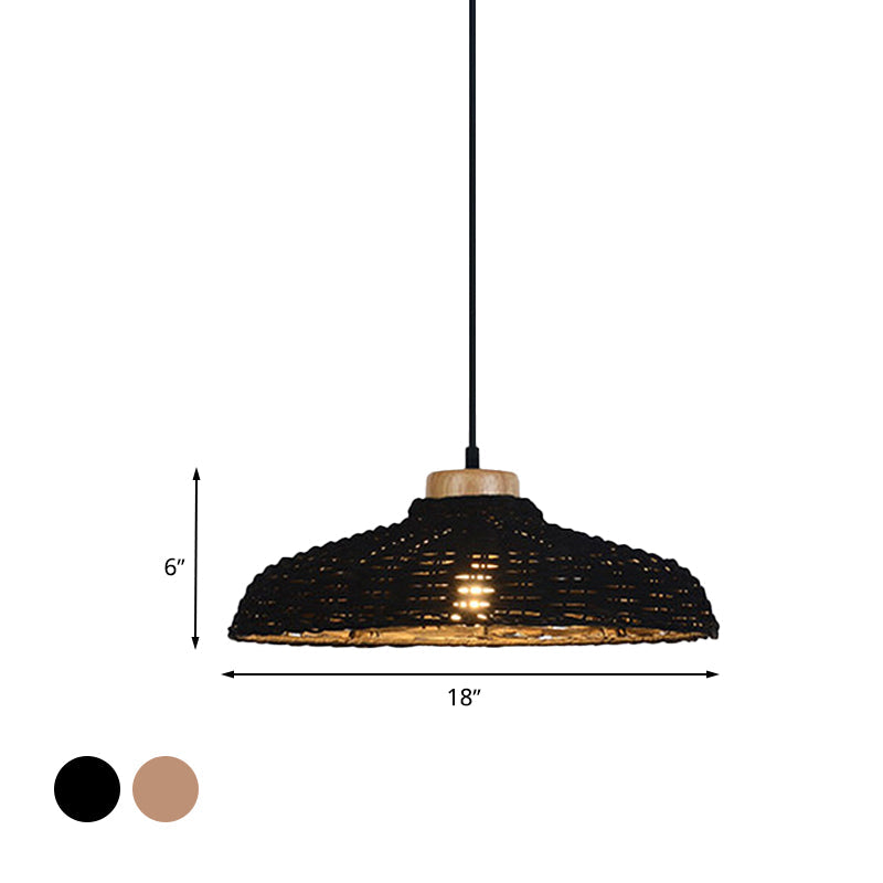 Asian Style Rattan Pendant Lamp - Beige/Black Barn Shade Height Adjustable 1 Light 12.5/18 W