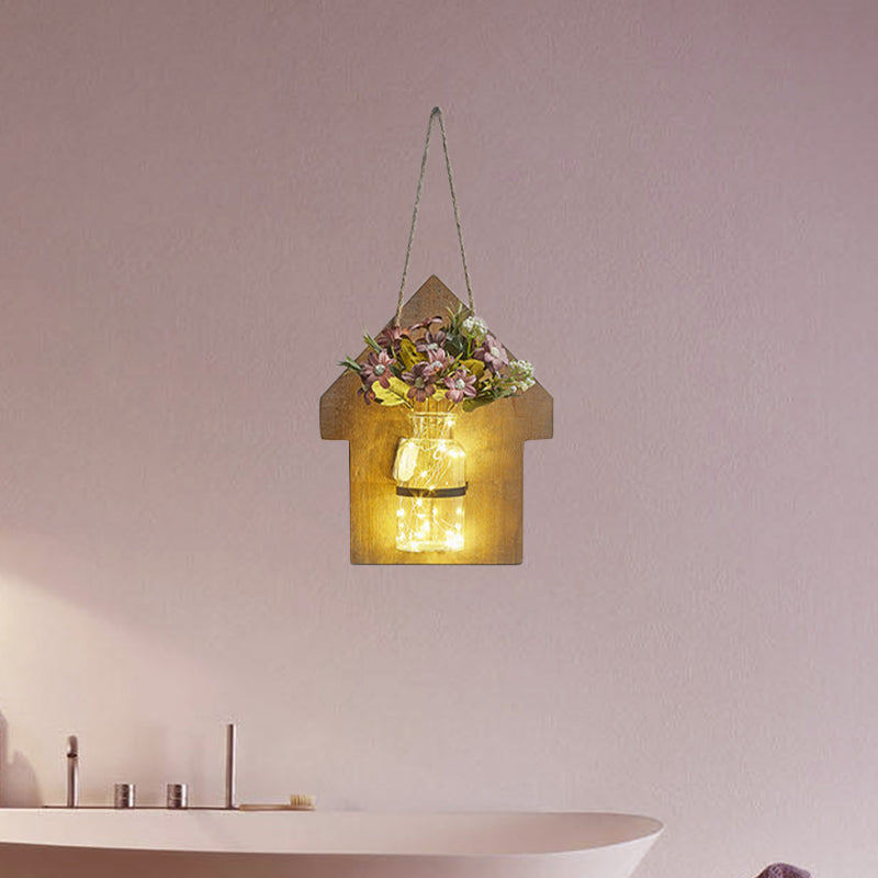 Wooden House Wall Light With Modern Flower/Plant String Accent Ideal For Cafes And Tea Shops