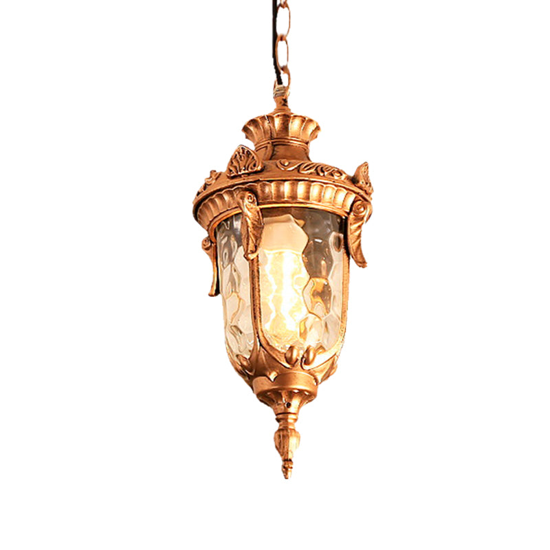 Aluminum Urn Garden Hanging Light With Water Glass Shade - Country Black/Brass Ceiling Lamp Fixture