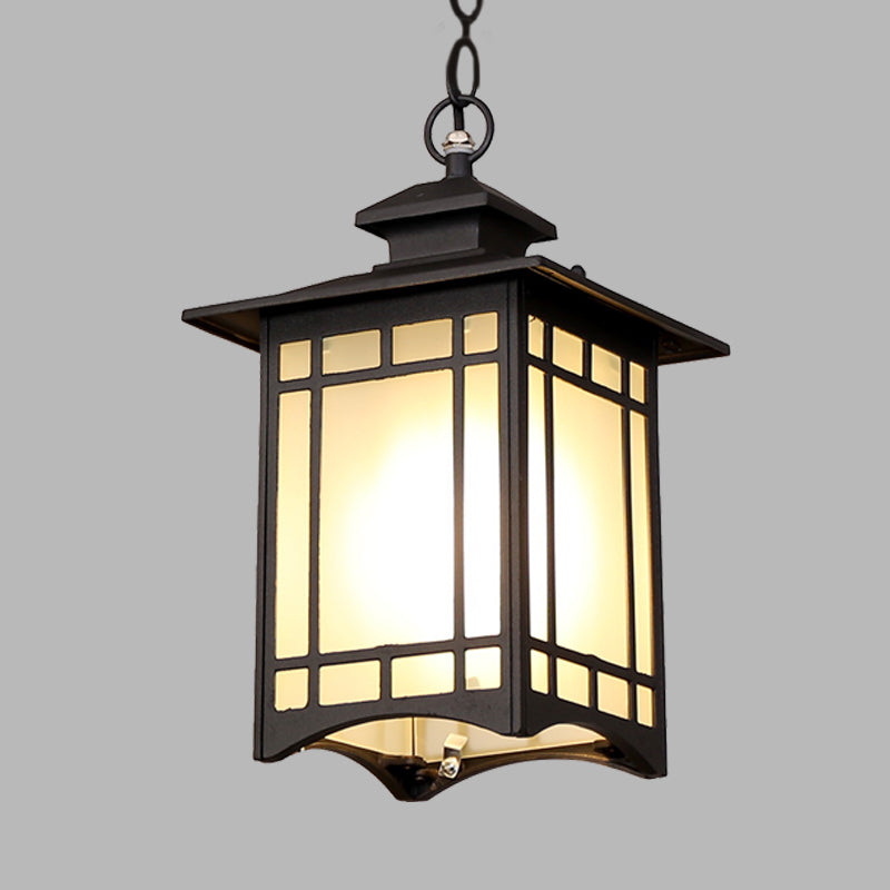 Rustic Frosted Glass Pendant Light With Black Finish & Open Bottom For Courtyard