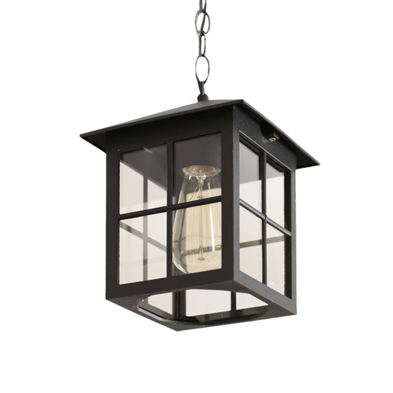 Clear Glass Farmhouse Hanging Pendant Light With 1 Bulb Cuboid Design (Black/Bronze)