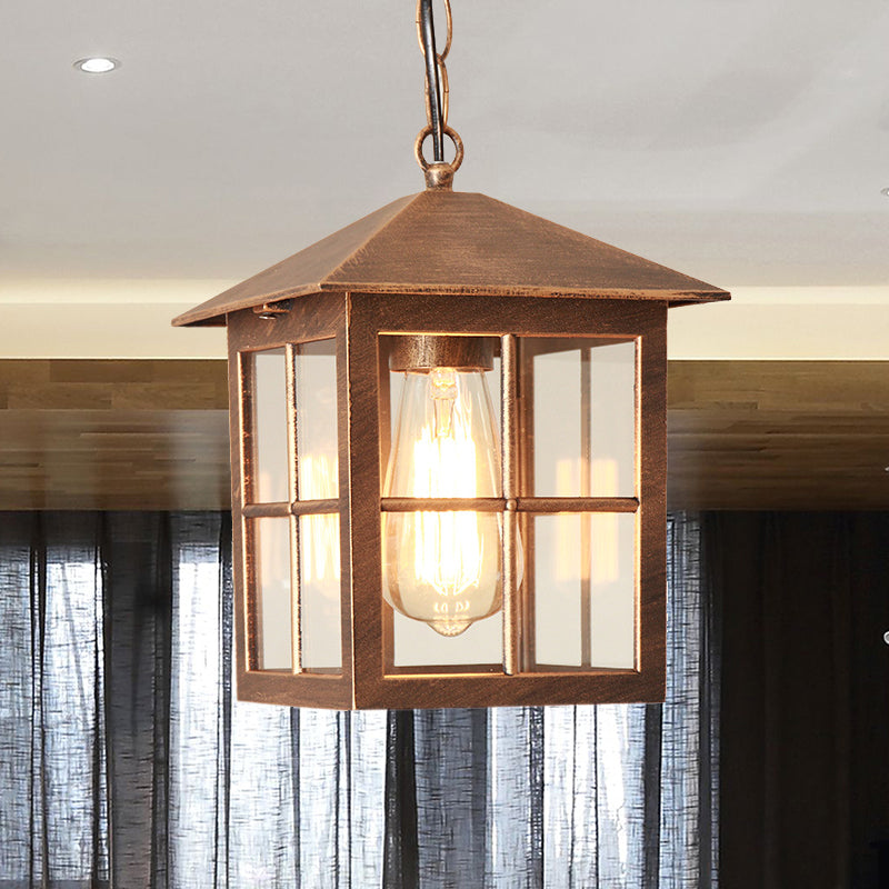 Clear Glass Farmhouse Hanging Pendant Light With 1 Bulb Cuboid Design (Black/Bronze) Bronze