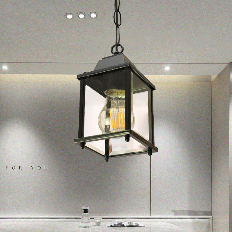 Balcony Pendant Light: Open Bottom Lodges With Clear Glass 1 Bulb Black Finish Ceiling Lamp
