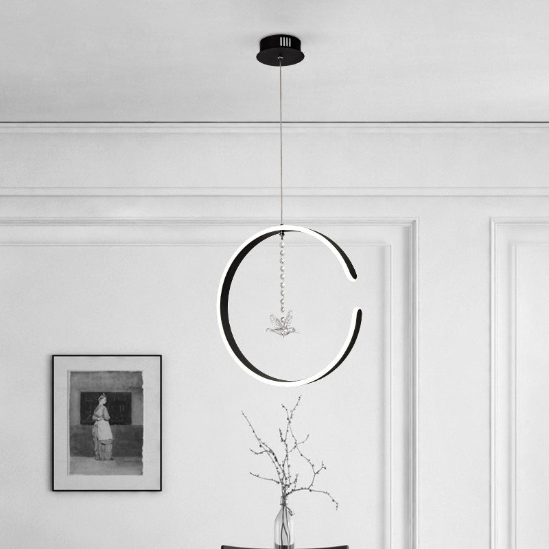 Modern Black Led Pendant Lamp With Acrylic Ring & Bird Crystal Droplet In White/Warm Light / Warm