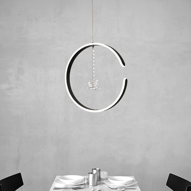Modern Black Led Pendant Lamp With Acrylic Ring & Bird Crystal Droplet In White/Warm Light