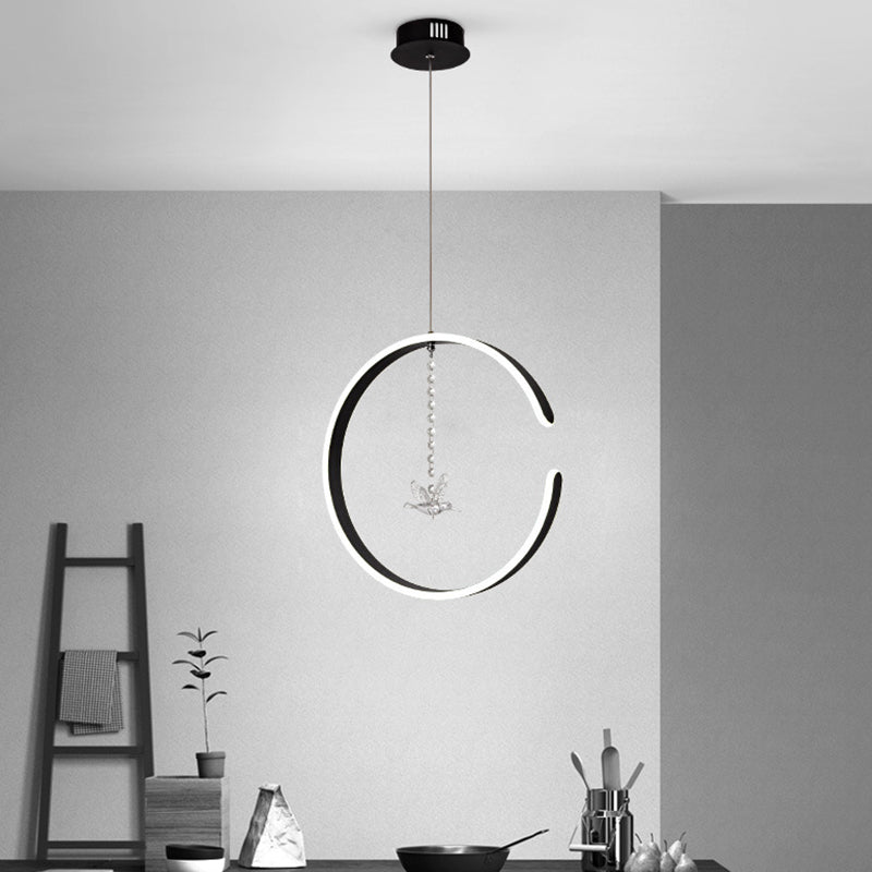 Modern Black Led Pendant Lamp With Acrylic Ring & Bird Crystal Droplet In White/Warm Light