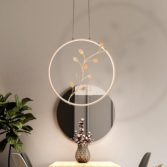 Minimalist Led Ring Acrylic Hanging Light With Branch Deco - Warm/White Suspension Lamp White / Warm