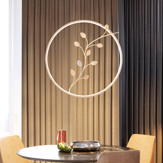 Minimalist Led Ring Acrylic Hanging Light With Branch Deco - Warm/White Suspension Lamp
